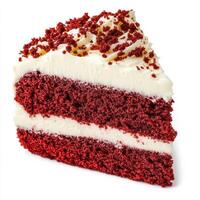 A meticulous close-up of a slice of red velvet cake, featuring moist layers and creamy cream cheese frosting, topped with red velvet crumbs. The red velvet cake, with its vibrant color and subtle photo