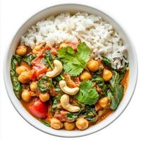 Chickpea curry with spinach and tomatoes in a bowl with rice on a white background photo