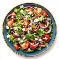 A vibrant plate of nopalitos salad, a refreshing salad with cactus paddles, tomatoes, onions, cilantro, and queso fresco, dressed with a light vinaigrette, isolated on clean white background. photo