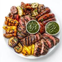 A beautifully arranged image of a platter of mixed grilled meats, featuring steak, chicken, and sausages, served with roasted vegetables and chimichurri sauce. The mixed grilled meats, with their photo