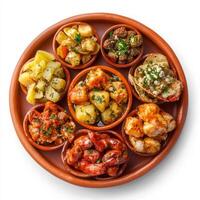 A platter of colorful tapas, including patatas bravas, gambas al ajillo, and chorizo al vino, arranged on a rustic terracotta plate. The tapas, with their variety of small bites and intense flavors, photo