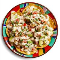 A colorful plate of nachos with chicken, avocado and tomatoes photo