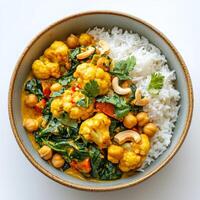 A vibrant bowl of cauliflower and chickpea curry, with tender cauliflower florets, chickpeas, spinach, and a creamy coconut milk-based curry sauce, served with basmati rice and garnished with cilantro photo