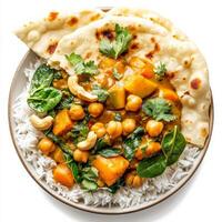 A plate of vegetable and chickpea curry bowls, with tender vegetables, chickpeas, spinach, and a creamy coconut milk-based curry sauce, served over basmati rice, garnished with cilantro, cashews, and photo