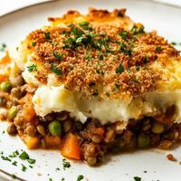 A close-up of a lentil and vegetable shepherd's pie, with a lentil and vegetable filling topped with a creamy mashed potato crust and a layer of breadcrumbs, baked until golden brown and bubbly, photo