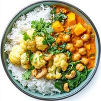 A vibrant bowl of cauliflower and chickpea curry, with tender cauliflower florets, chickpeas, spinach, and a creamy coconut milk-based curry sauce with a blend of aromatic spices, served with basmati photo