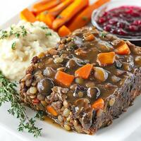 A close-up of a lentil and vegetable loaf, with a savory lentil and vegetable filling baked until firm and sliceable, served with a mushroom gravy, roasted vegetables, mashed sweet potatoes, and a photo