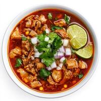 Chicken and corn soup in a bowl with lime and cilantro photo