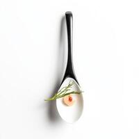A tasting spoon, featuring a perfectly balanced bite designed to showcase the essence of the chef's culinary philosophy, a concentrated and impactful flavor experience within a small, elegant vessel, photo