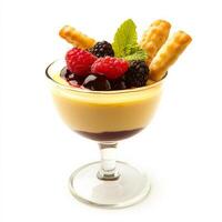 A close-up of a rich and decadent zabaglione dessert, a light and creamy custard made with egg yolks, sugar, and sweet Marsala wine, served in a glass and garnished with fresh berries and ladyfingers, photo