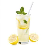 A tall, frosty glass of freshly squeezed lemonade with ice cubes, lemon slices, and a sprig of mint, served with a straw. A refreshing summer drink. Isolated on clean white background photo