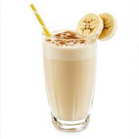 A tall glass of creamy banana smoothie with a blend of ripe bananas, Greek yogurt, honey, and a sprinkle of cinnamon, served with a straw. Isolated on clean white background photo