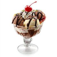 A decadent ice cream sundae in a glass dish, featuring scoops of vanilla, chocolate, and strawberry ice cream, drizzled with chocolate sauce, whipped cream, sprinkles, and a cherry on top. A photo