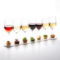 A tasting flight of wines, each presented in a different glass, paired with a small bite designed to complement its flavors, highlighting the art of wine pairing and the interplay of food and beverage photo