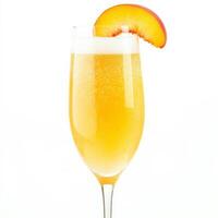 A glass of champagne with a peach slice photo