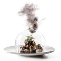 A dish featuring the use of smoke or aromatic elements, perhaps presented under a cloche or with a smoking gun, creating a multisensory experience, emphasizing the interplay of taste and smell in a photo