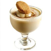 A close-up of a creamy zuppa di funghi dessert, a warm and comforting Italian dessert, with a smooth and creamy custard base, made with heavy cream, sugar, egg yolks, and Marsala wine, flavored with photo