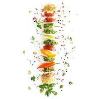 A vertical arrangement of ingredients, perhaps a stack or skewer of alternating colors and textures, creating a sense of dynamic movement and visual intrigue, the artistry of controlling the viewer's photo