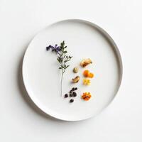 A plate designed to create negative space, with ingredients placed sparingly to highlight their beauty and importance, showcasing the minimalist aesthetic in food presentation, and drawing the eye to photo