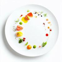 A white plate used as a blank canvas for a vibrantly colored dish, showcasing the contrast between the plate and the ingredients, the use of white to make color pop and create a dramatic effect, photo