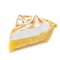 A slice of homemade lemon meringue pie with a buttery crust, tart lemon filling, and a light, fluffy toasted meringue topping. Isolated on clean white background photo