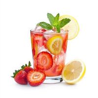 A glass of refreshing strawberry lemonade with slices of fresh strawberries and lemon, served over ice with a mint garnish. A perfect summer drink. Isolated on clean white background photo