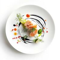 A dish featuring a sauce that flows or ribbons beautifully across the plate, creating a dynamic visual element and adding movement to the composition, the use of sauce as an artistic medium in fine photo