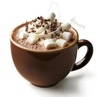 A cup of rich hot chocolate topped with a swirl of whipped cream and chocolate shavings. The drink is steaming, with tiny marshmallows floating on top, creating a cozy winter treat. Isolated on clean photo