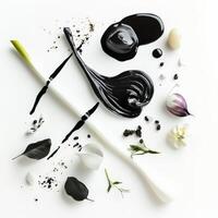 A monochromatic composition, ingredients all in shades of a single color, such as black or white, creating a dramatic and minimalist effect, a bold artistic statement in food presentation, isolated on photo