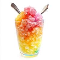 A close-up of a colorful granita dessert, a semi-frozen dessert made from sugar, water, and various flavorings, such as lemon, coffee, or almond, served in a glass and garnished with a spoon, perfect photo