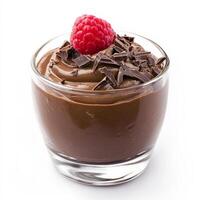 A close-up of a mousse au chocolat, a light and airy chocolate mousse, made with dark chocolate, eggs, sugar, and cream, served in a glass or ramekin, garnished with chocolate shavings and a raspberry photo