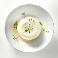 A white bowl with a dish of cream and herbs photo