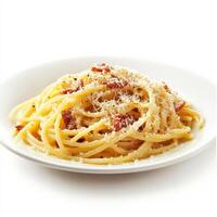 A steaming plate of spaghetti carbonara, with creamy egg-based sauce, crispy pancetta, and a generous dusting of grated Pecorino Romano cheese. The pasta glistens with rich flavors. Isolated on clean photo