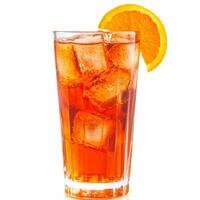 A close-up of a refreshing Campari and soda cocktail, a classic Italian aperitif, made with Campari, soda water, and a splash of orange juice, served in a tall glass with ice and an orange slice, photo