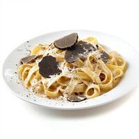 A plate of tagliatelle with truffle cream sauce, featuring long, flat noodles tossed in a rich and creamy sauce made with truffles, cream, and parmesan cheese, a luxurious and flavorful pasta dish, photo