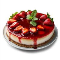 A classic New York-style cheesecake with a dense, creamy filling, a buttery graham cracker crust, and a glossy strawberry glaze on top. Garnished with fresh strawberries and mint leaves, this rich and photo