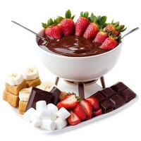 A decadent chocolate fondue set with a bowl of melted dark chocolate, surrounded by strawberries, banana slices, marshmallows, and cubes of pound cake for dipping. Isolated on clean white background photo