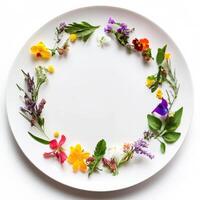 A white plate with a wreath of flowers on it photo