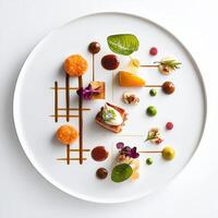 A meticulously plated dish with geometric precision, ingredients arranged in lines, circles, and squares, reflecting a modern and minimalist aesthetic, highlighting order and control in a fine dining photo