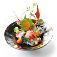 A dish incorporating elements of a Japanese Kaiseki meal, showcasing the careful balance of flavors, textures, and presentations, with small, artfully arranged portions, highlighting the artistry of photo