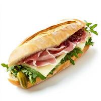 A fresh baguette sandwich with layers of prosciutto, arugula, brie cheese, and fig jam, served with a side of cornichons. A gourmet deli-style meal. Isolated on clean white background photo