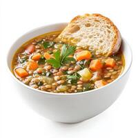A bowl of hearty lentil soup with a mix of green and red lentils, diced vegetables, and aromatic spices, served with a slice of warm, crusty bread. Isolated on clean white background photo