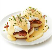 A gourmet eggs Benedict dish, featuring two poached eggs atop toasted English muffins with crispy bacon, smothered in rich hollandaise sauce and garnished with fresh chives. Isolated on clean white photo
