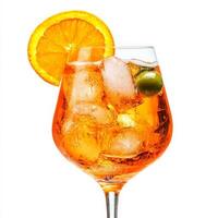 A close-up of a colorful and bubbly Aperol Spritz cocktail, a popular Italian aperitif, made with Aperol, Prosecco, and a splash of soda water, served in a large wine glass with ice, an orange slice, photo