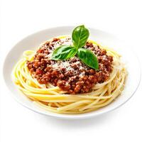 A steaming plate of spaghetti Bolognese with a rich, slow-cooked tomato and ground beef sauce. The pasta is coated in the thick sauce and topped with freshly grated Parmesan cheese and a sprinkle of photo