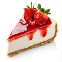 A slice of classic New York-style cheesecake with a rich, creamy filling and a buttery graham cracker crust. Topped with fresh strawberries and a drizzle of strawberry sauce. Isolated on clean white photo