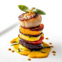 A vertical composition of pan-seared scallops, stacked atop a colorful ratatouille tower, drizzled with a saffron-infused aioli and garnished with a crispy basil leaf, showcasing the interplay of photo