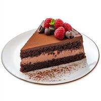 A decadent slice of chocolate mousse cake, with layers of rich, dark chocolate mousse and moist chocolate cake, topped with a dusting of cocoa powder and fresh raspberries, served on a delicate photo
