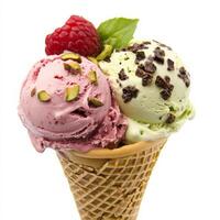 A close-up of a refreshing Italian gelato, a dense and creamy ice cream, available in a variety of flavors, such as pistachio, stracciatella, and lemon, served in a cone or cup and garnished with photo