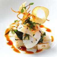 A beautifully plated appetizer of Japanese ceviche, featuring fresh white fish marinated in citrus juices and soy sauce, garnished with pickled wakame seaweed, crispy wonton strips, and a drizzle of photo